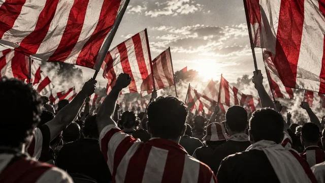 Arte conceptual de una tribuna con banderas rojas y blancas